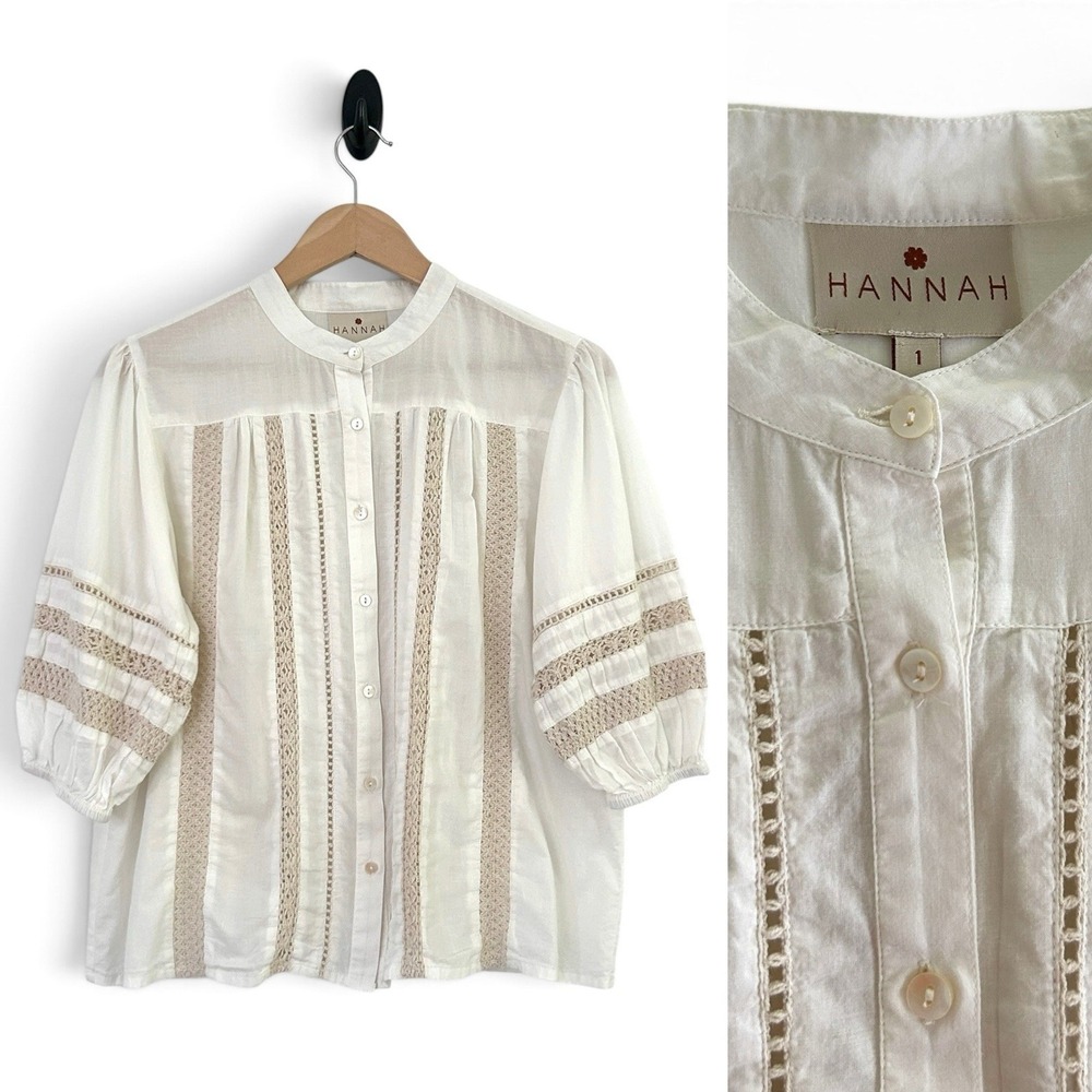 Hannah Artwear Women's 1 Size 6 Ivory Peasant Boho Lace 100% Cotton Shirt NWOT